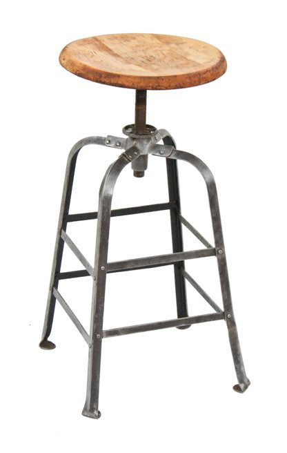 fully refinished c. 1930's vintage american industrial heavy gauge riveted joint steel draftsman stool with revolving maple wood top