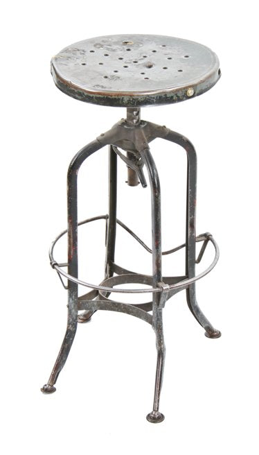 original worn c. 1930's american industrial "uhl art steel" adjustable height factory stool with pierced metal revolving seat