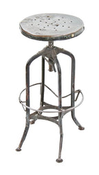 original worn c. 1930's american industrial "uhl art steel" adjustable height factory stool with pierced metal revolving seat