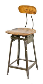 c. 1930's vintage american industrial adjustable height angled steel factory stool with saddle seat and contoured backrest