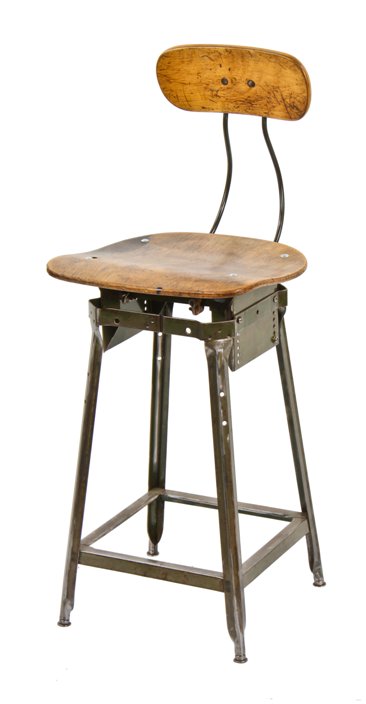 c. 1930's vintage american industrial adjustable height angled steel factory stool with saddle seat and contoured backrest
