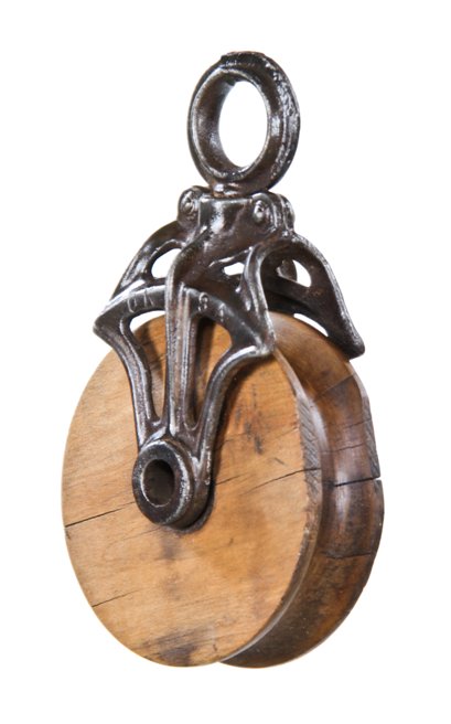 original and intact refinished vintage industrial hay barn block and tackle single groove rope pulley with malleable iron frame