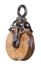 original and intact refinished vintage industrial hay barn block and tackle single groove rope pulley with malleable iron frame