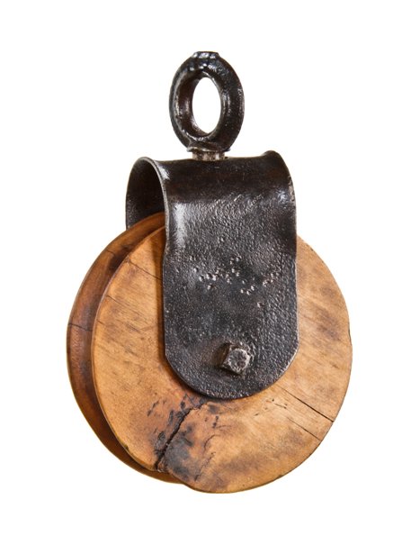 refinished early 20th century vintage industrial hay barn wooden single groove rope pulley with iron eyelet