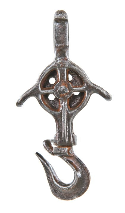c. 1910-20 antique american industrial cast and/or louden wrought iron hay barn trolley rope pulley and oversized hook