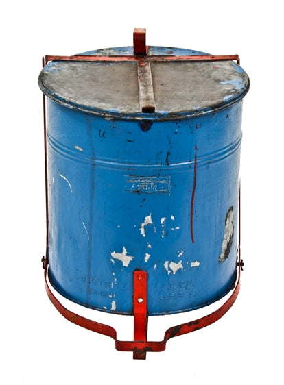 original c. 1920's vintage american industrial "justrite" enameled galvanized steel foot-operated oily ray trash can