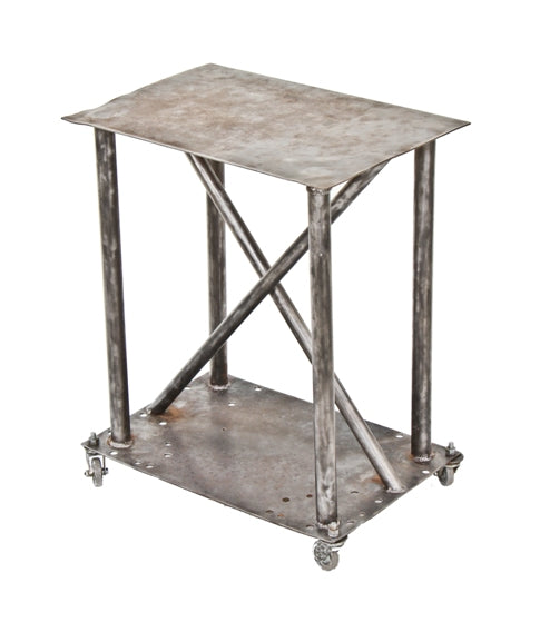 c. 1920's vintage american industrial custom-built two tier heavy gauge steel mobile side table or cart with tubular supports