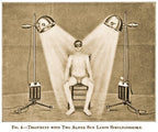 repurposed c. 1920's american medical "light therapy" adjustable height floor lamp with four-legged cast iron mobile base