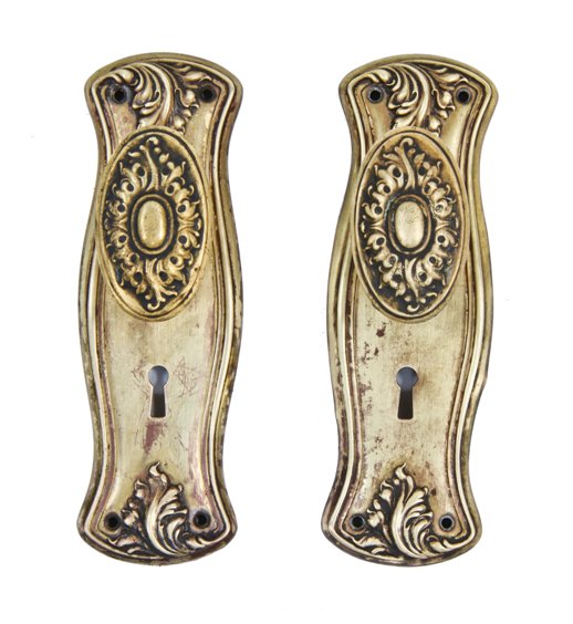 complete set of c. 1900's antique american interior wrought brass passage door backplates with matching doorknobs