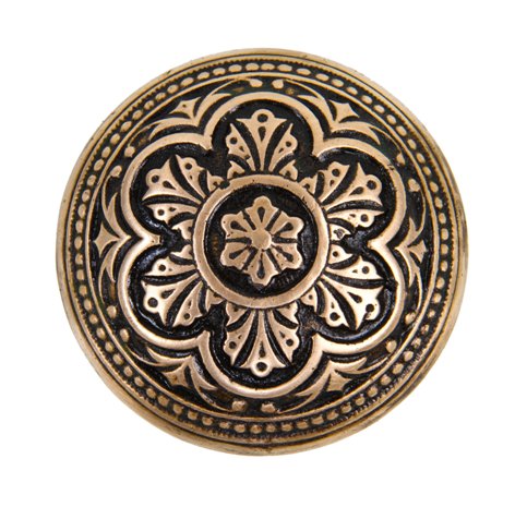 c. 1880's american antique ornamental cast brass banded rim passage size doorknob with beaded border and floral rosette