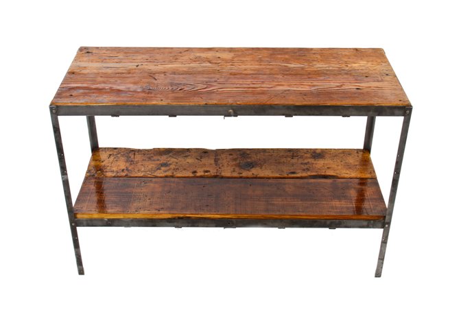 old depression era american industrial two tier angled steel table or workstation with old growth pine wood board top and undershelf