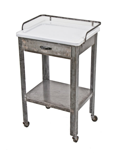 original and intact c. 1930's vintage american medical mobile hospital two tier metal supply cart with single-pull-out drawer