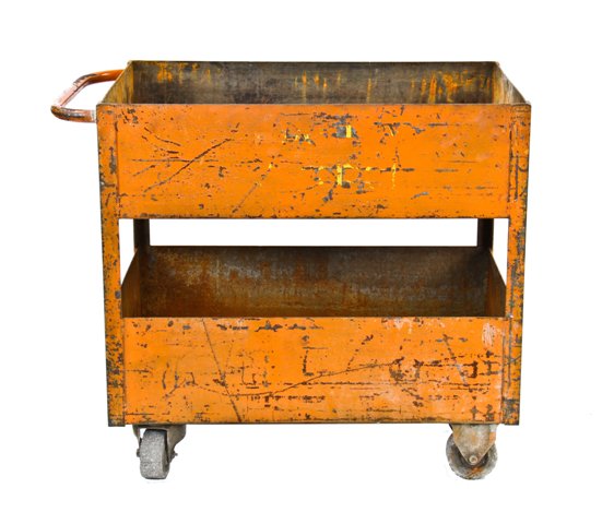 heavy duty c. 1940's vintage industrial all-welded heavy gauge steel two tier cart with old distressed orange paint finish