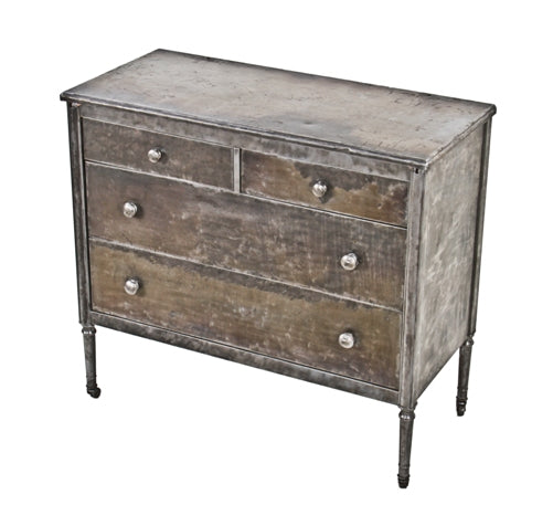original c. 1930's vintage american industrial folded and pressed steel lowboy dresser with original steel casters