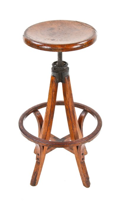 c. 1900's american industrial adjustable height varnished oak wood draftsman stool with bentwood heel ring