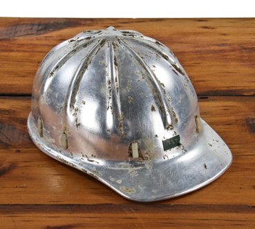 c. 1960's vintage industrial american made tradesman lightweight ribbed aluminum metal hard hat with regular brim