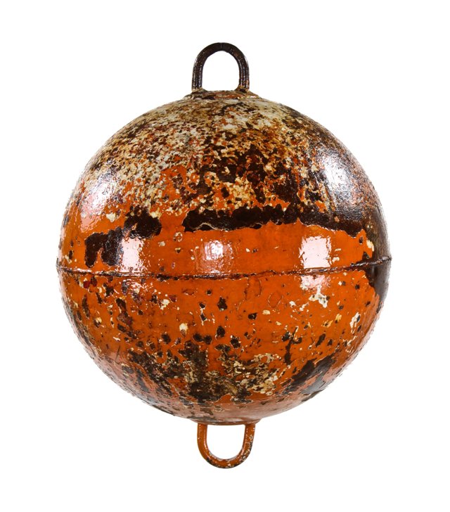 oversized vintage american industrial welded joint hollow steel mooring buoy ball with weathered orange paint finish