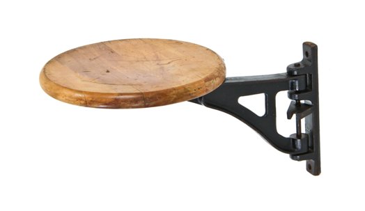 original vintage american industrial factory cafeteria or lunch hall table swing-out bracket stool with maple wood seat
