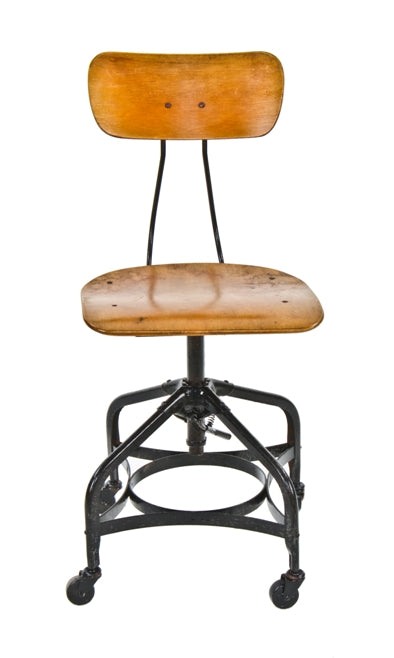 fully functional american industrial adjustable height toledo factory office chair with original and intact swivel casters