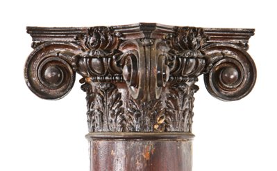 late 19th century varnished oak wood interior residential colonnades with partially fluted columns and ionic capitals