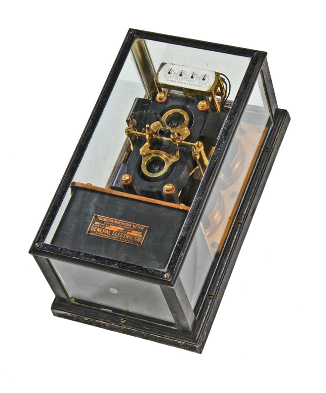 very rare c. 1907 oversized astatic "cs" type glass paneled case switchboard thomson watthour meter with a double set of current coils