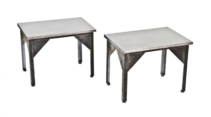 matching set of original c. 1940's vintage american industrial iron side tables with stainless steel tabletops