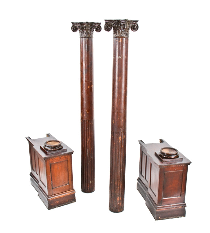 late 19th century varnished oak wood interior residential colonnades with partially fluted columns and ionic capitals