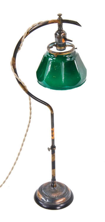 highly desirable c. 1910 american industrial factory office c-arm faries portable desk lamp with intact oxidized copper finish