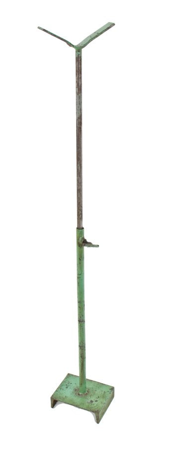 c. 1950's vintage american industrial adjustable height tubular steel factory lathe stand with original green paint finish