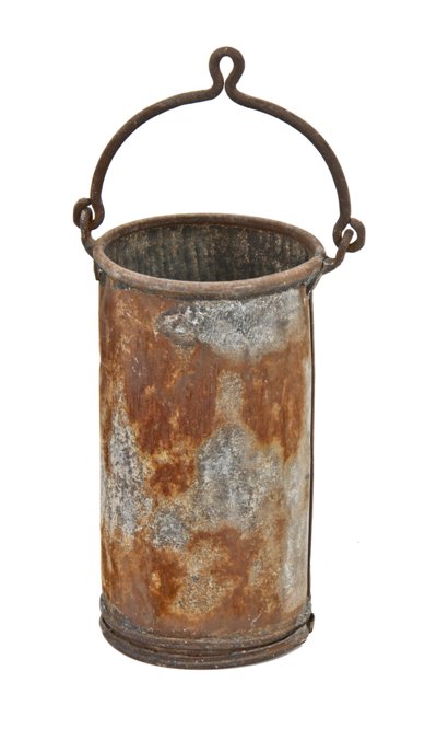 c. 1920's vintage american industrial cylindrical-shaped galvanized steel bucket with forged iron drop handle