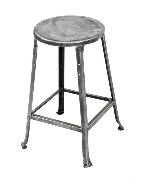 c. 1920's vintage american industrial four-legged heavy gauge angled steel factory stool with welded joint cross-bracing