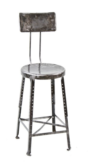 c. 1930's refinished vintage american made folded and pressed heavy gauge adjustable height stool with backrest