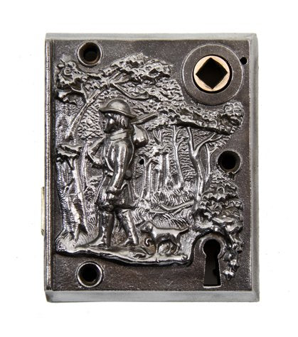 largely intact c. 1860's deeply embossed refinished ornamental cast iron "pioneer" surface mount rimlock