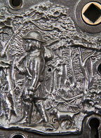 largely intact c. 1860's deeply embossed refinished ornamental cast iron "pioneer" surface mount rimlock