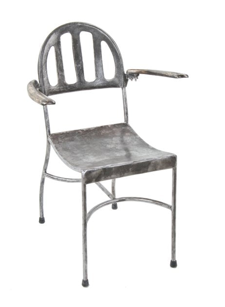original c. 1920's vintage american beauty salon stationary tubular steel arm shampoo chair with arch top cast iron backrest
