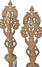 impressive set of matching c. 1930's american art deco style ornamental cast iron figural fireplace andirons with original gold enameled finish