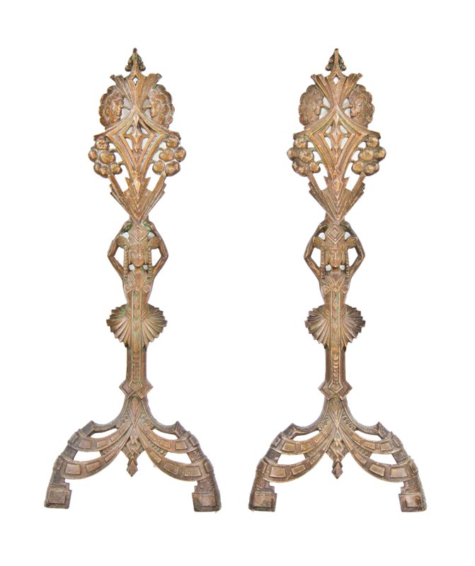 impressive set of matching c. 1930's american art deco style ornamental cast iron figural fireplace andirons with original gold enameled finish