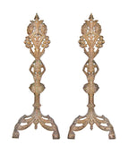 impressive set of matching c. 1930's american art deco style ornamental cast iron figural fireplace andirons with original gold enameled finish