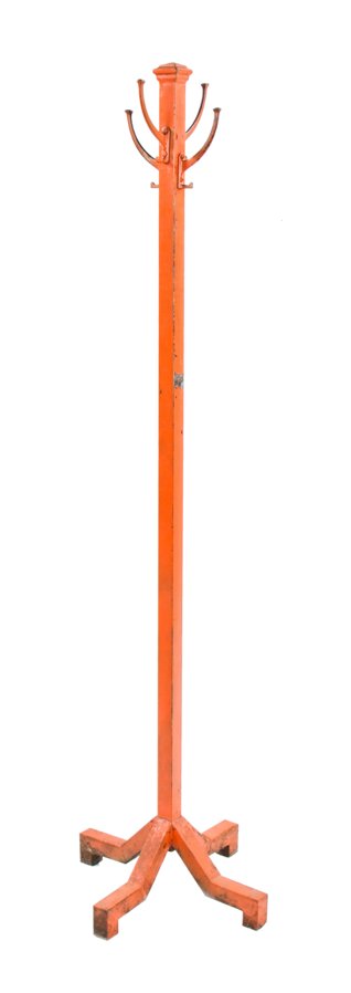c. 1940's vintage industrial folded and pressed heavy gauge steel factory office coat stand with old orange paint finish