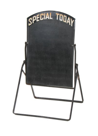 complete c. 1930's american black enameled double-sided "special today" pivotally mounted sidewalk signicade