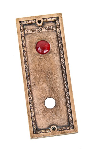 c. 1920's wall-mount solid bronze metal commercial building elevator cab call button backplate with ruby red glass indicator light