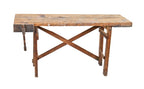 c. 1920's timeworn vintage american industrial pine wood carpenter's workbench with single solid steel screw vise