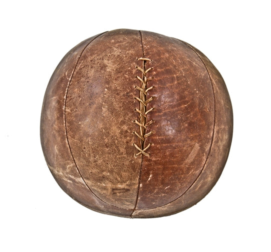 original nicely worn early 20th century stitched and laced leather covered weighted gymnasium medicine ball