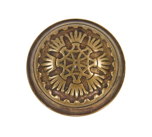 c. 1890's antique american interior residential "palma" pattern passage size banded rim wrought brass doorknob with naturally aged patina