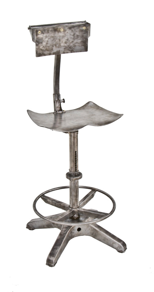rare early 1930's vintage american industrial pressed and formed burroughs file clerk or cashier adjustable height stool with tubular heel ring