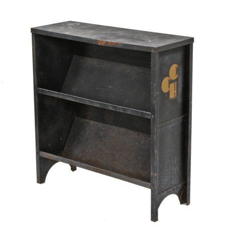 c. 1930's american made two-tier school library two-tier folded steel stationary bookshelf with original black paint finish