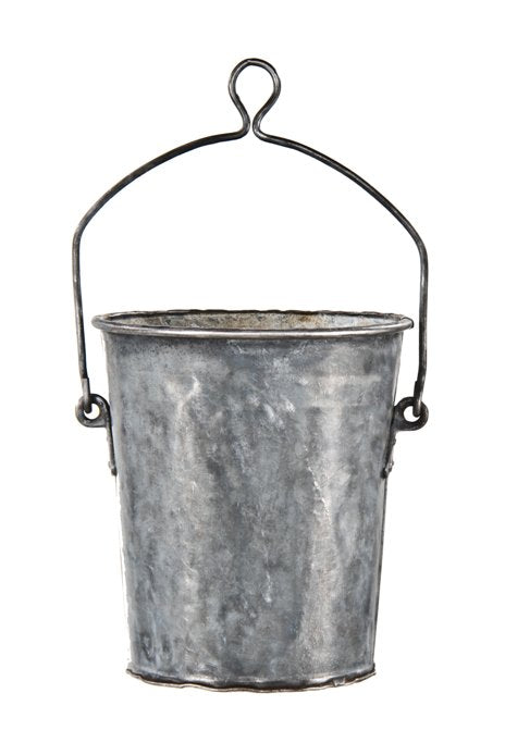 slightly tapered c. 1920's vintage industrial reinforced steel bucket with oversized riveted joint metal drop handle