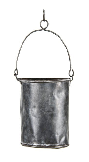 primitive early 20th century refinished cylindrical-shaped cold-rolled steel bucket with original and intact oversized swinging handle