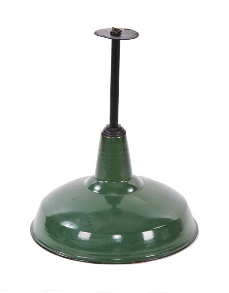 original and intact c. 1930's vintage american industrial green porcelain enameled single pendant light fixture