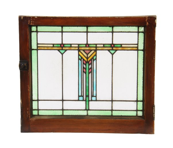impressive c. 1910 american prairie style chicago bungalow residential art glass window with brightly colored geometric design